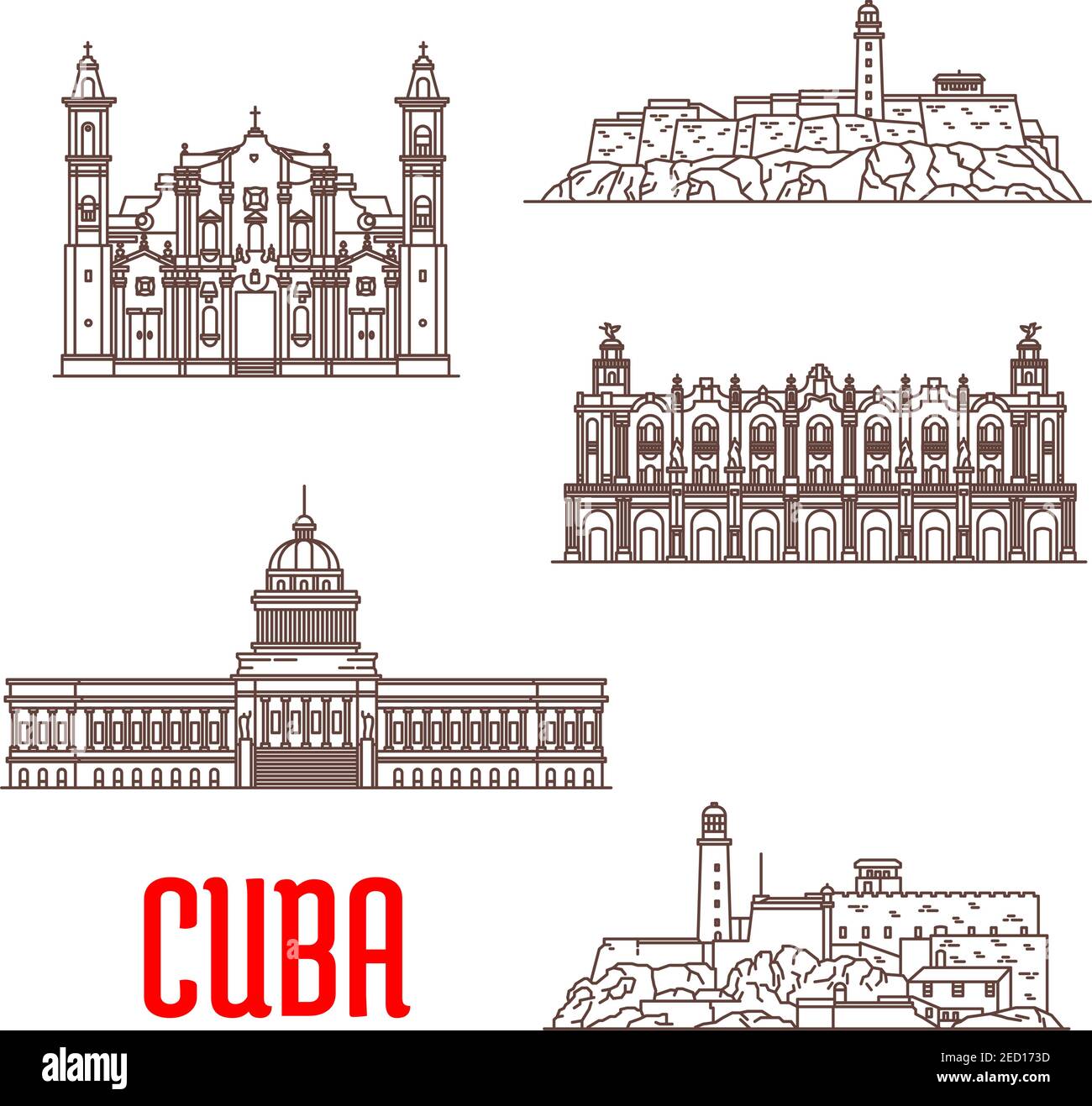 Cuba tourist architecture, travel attraction icons. Great Theatre of Havana, Real Fuerza Fortress, San Carlos de la Cabana, National Capitol, St Chris Stock Vector