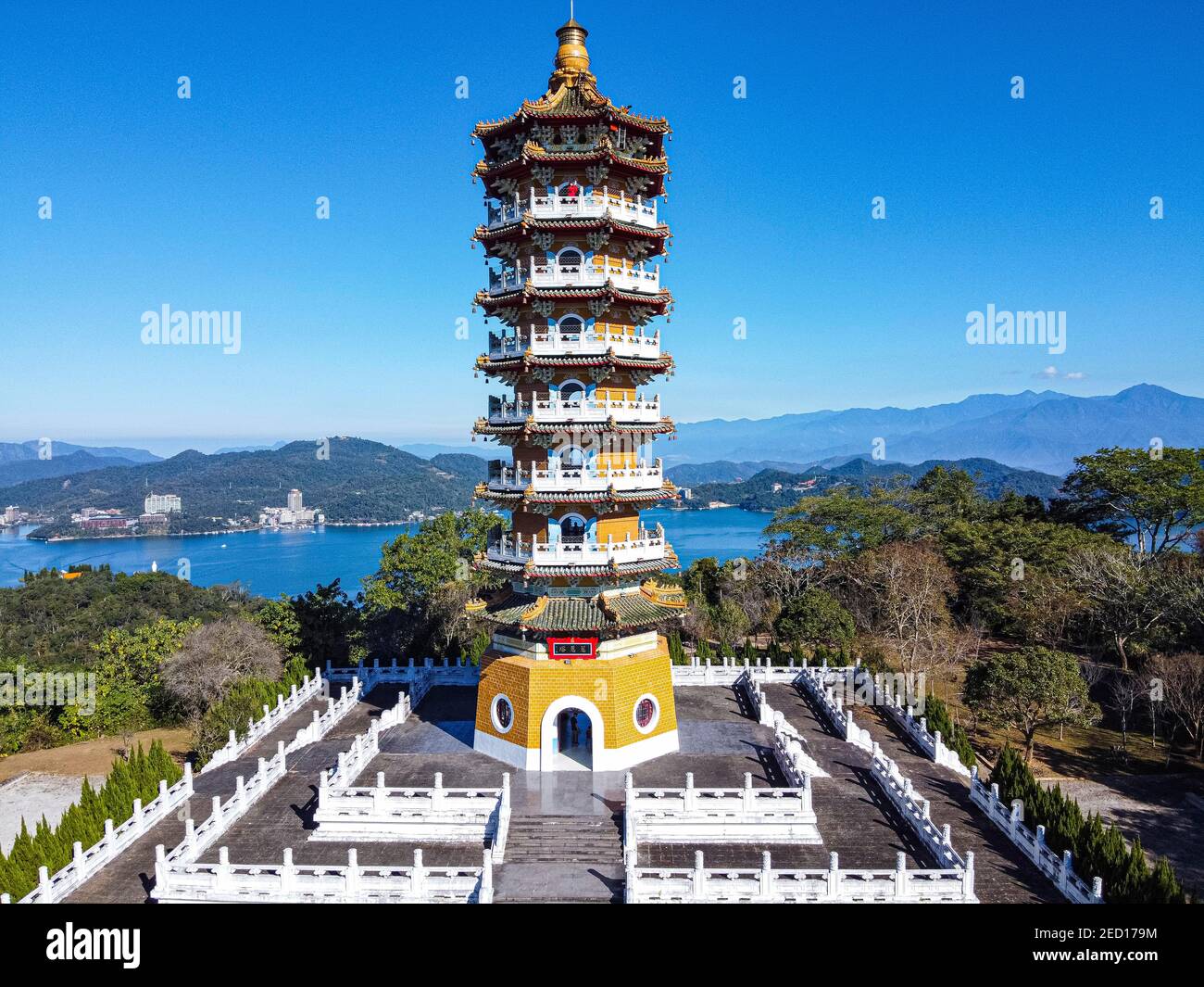 Aerial over the Ci'en Pagoda and Sun Moon Lake, National Scenic Area, Nantou county, Taiwan, Yuchi, Nantou County, Taiwan Stock Photo