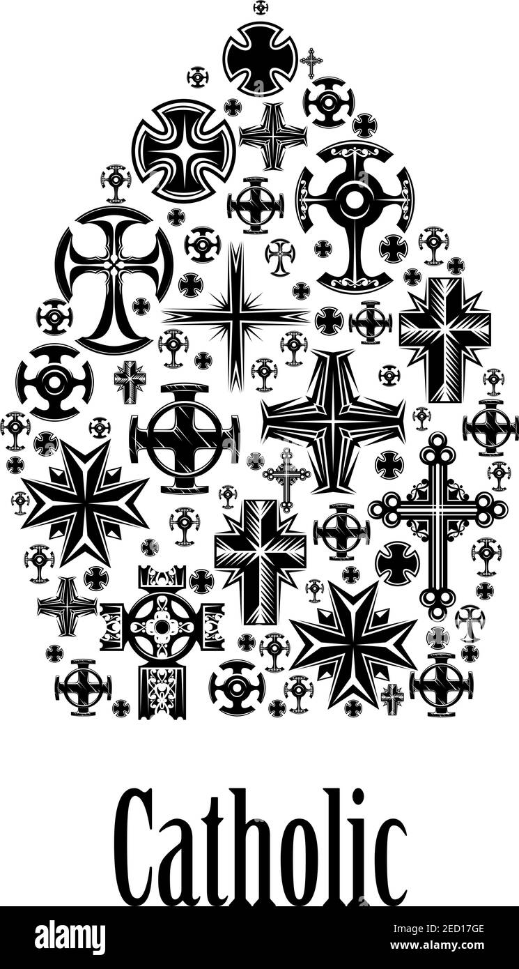 Catholic mitre icon. Christianity cross elements in shape of catholic religion headwear mitra element with decoration of crucifix cross pattern. Label Stock Vector