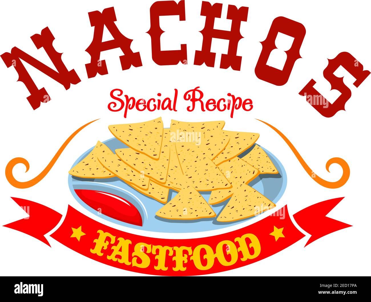 Nachos fast food menu emblem. Mexican corn chips with spicy hot tomato  dipping sauce, red ribbon and label text Nachos. Fastfood icon for latin  restau Stock Vector Image & Art - Alamy