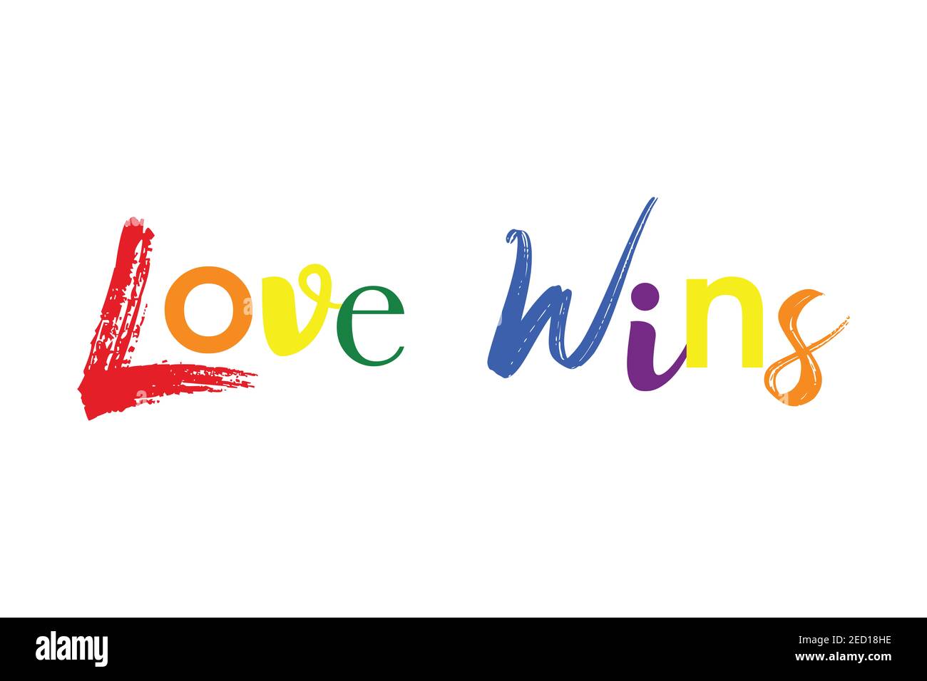 Modern, playful, colorful graphic design of a saying 'Love wins' in LGBT colors. Creative, experimental, cheerful typography. Stock Photo