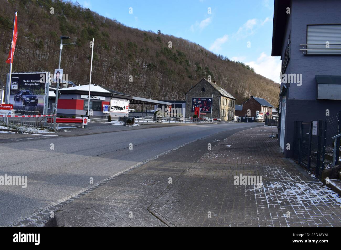 Nordschleife exit in Breidscheid with the closed restaurants in winter Stock Photo