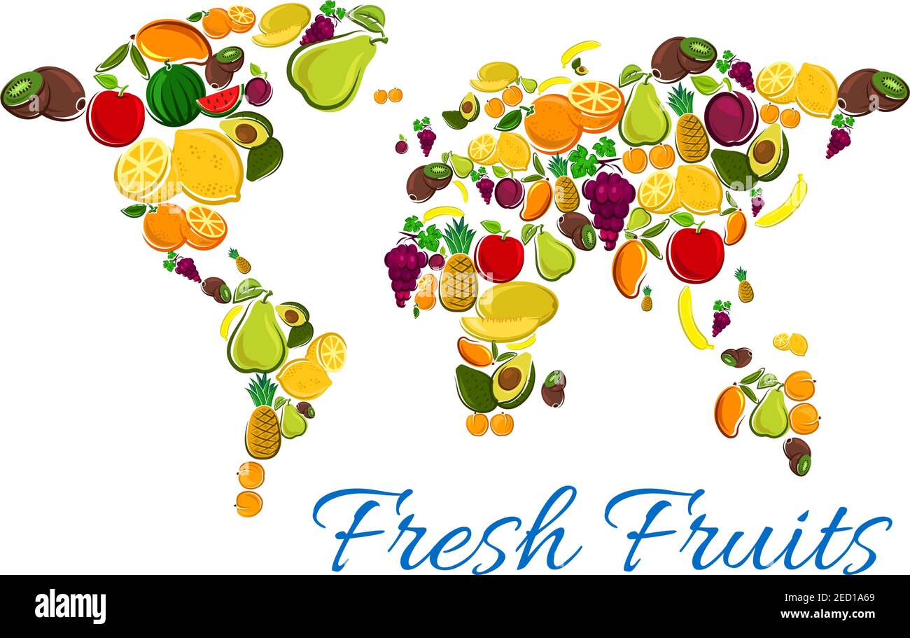 Fruits map. Vector icons of fresh fruit icons in shape world map with continents. Natural exotic and tropical fresh fruits background for vegetarian a Stock Vector