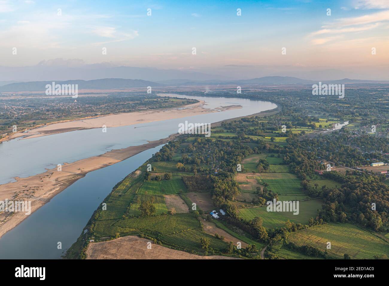 Aerial of the Irrawaddy river in Myitkyina, Kachin state, Myanmar Stock Photo
