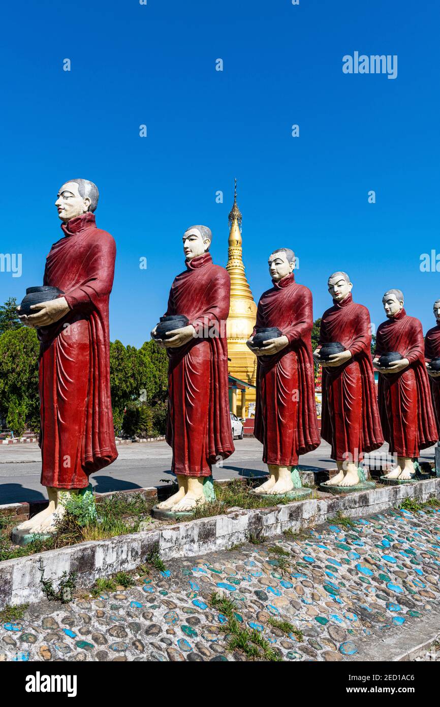Monk statues lining up, Aung Zay Yan Aung Pagoda, Myitkyina, Kachin state, Myanmar Stock Photo