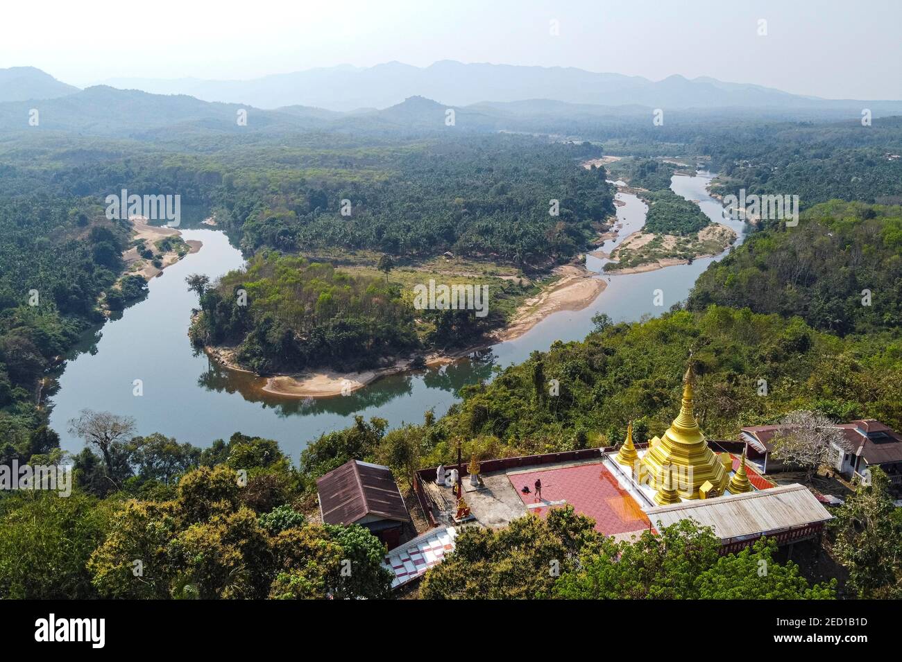 Aerial of the Shwemawdaw Paya and the Ye river, Kyaing Ywar near Ye, Mon state, Myanmar, Ye, Mon State, Myanmar Stock Photo