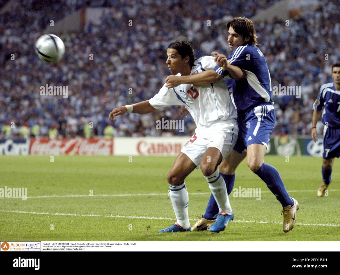 Football Uefa Euro 2004 Czech Republic V Greece Semi Final Dragao Stadium Porto 1 7 04 Milan Baros Czech Republic In Action Against Giourkas Seitaridis Greece Mandatory Credit Action Images John Sibley Stock Photo Alamy
