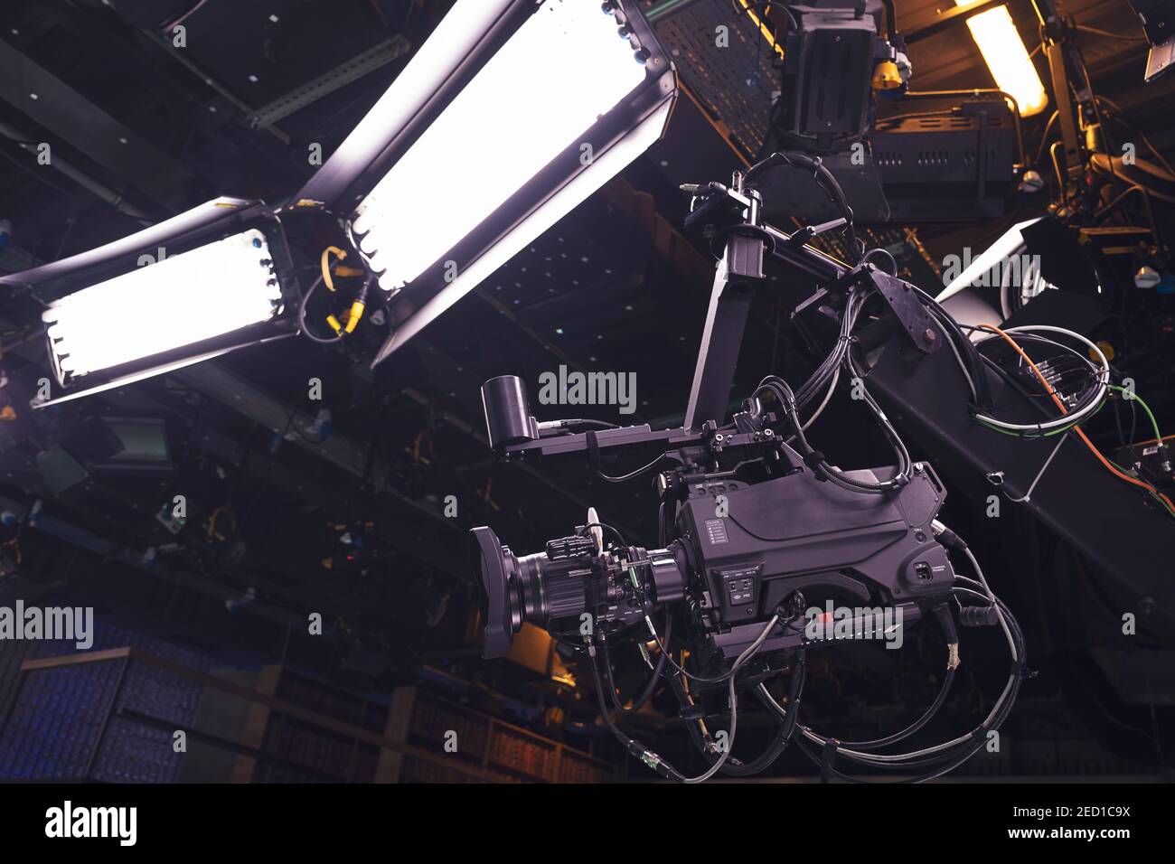 Camera jib and lighting equipment in broadcasting studio Stock Photo ...