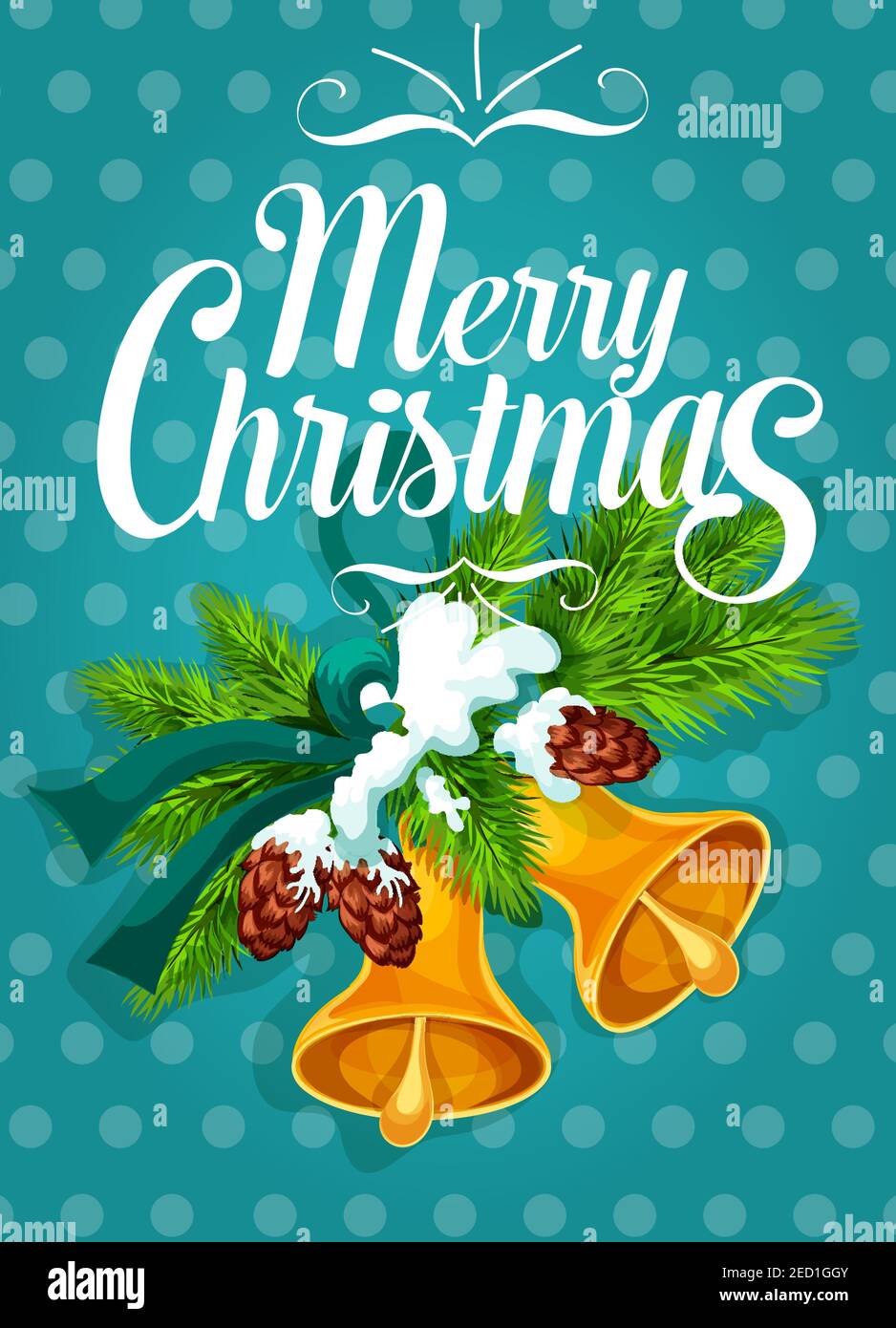 Merry Christmas festive card of golden jingle bell on fir branch with cone, covered with snow. Traditional winter holiday decoration for xmas greeting Stock Vector