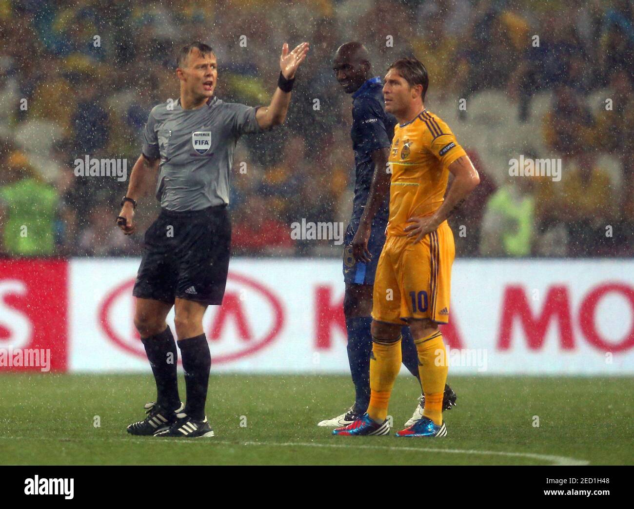 Maybe you would like to learn more about one of these? Ukraine Vs France Euro 2012 . Football Ukraine V France Uefa Euro 2012 Group D Donbass Arena Donetsk Ukraine 15 6 12 Referee Bjorn Kuipers During Heavy Rain Mandatory Credit Action Images Carl Recine Stock Photo Alamy