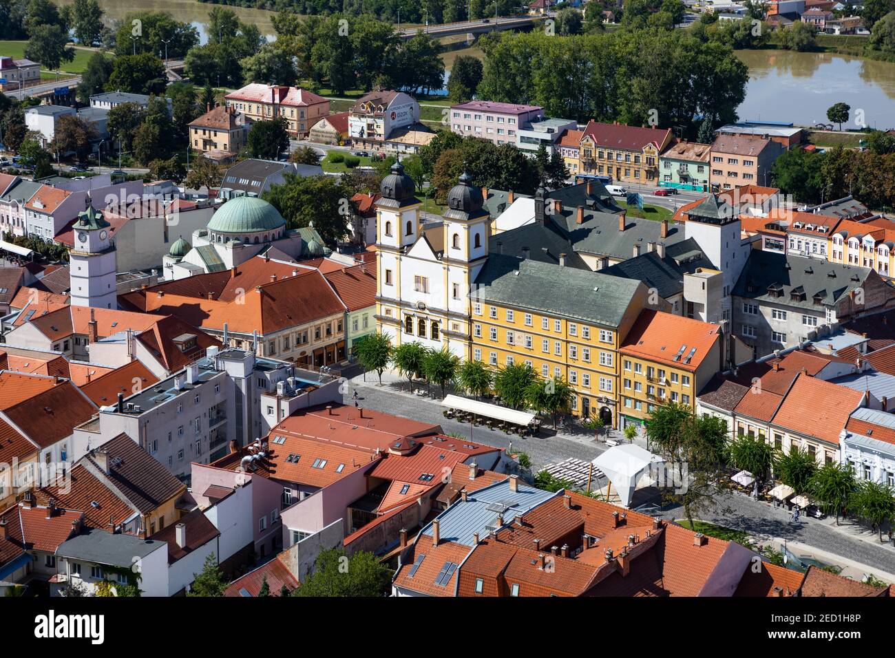 View from Trencin Castle to the Piarist Church by Francis Xavier, Peace Square, Trencin, Slovakia Stock Photo