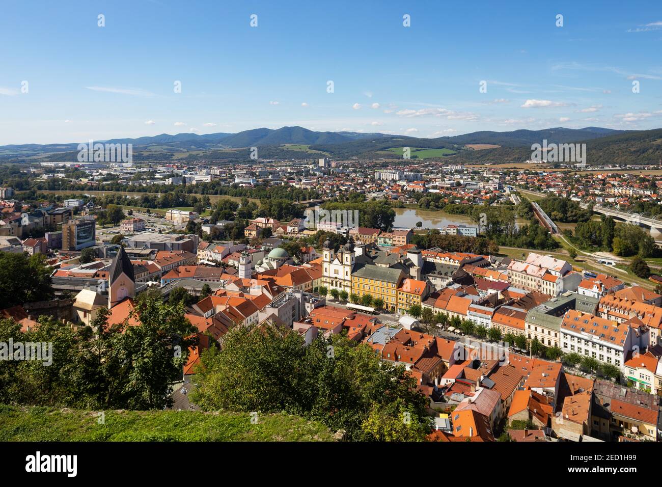 View from Trencin Castle to the Piarist Church of Francis Xavier and Peace Square, Trencin, Slovakia Stock Photo