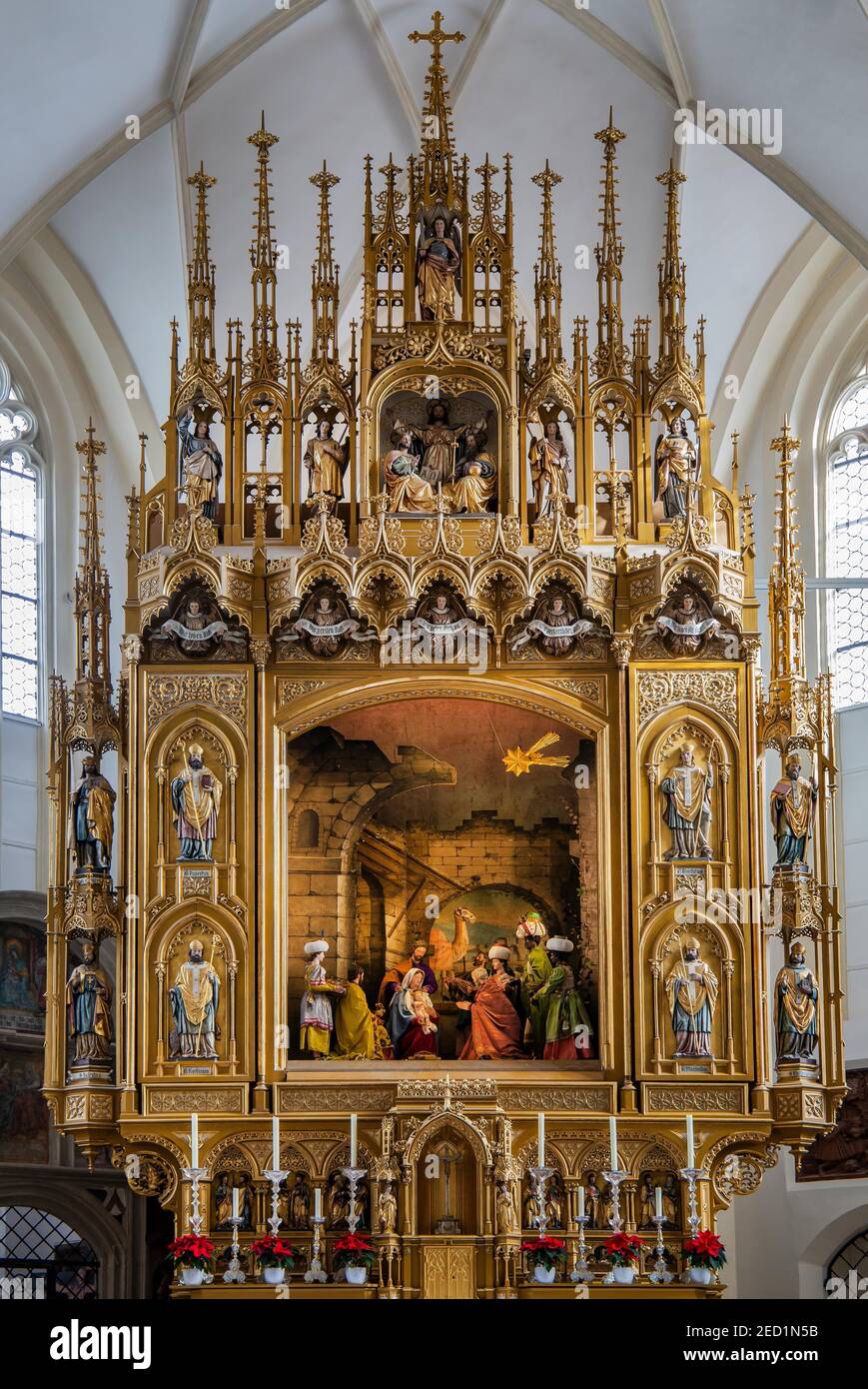 High altar with altar crib inside the town parish church, Bad Toelz, Isar Valley, Isar, Upper Bavaria, Bavaria, Germany Stock Photo