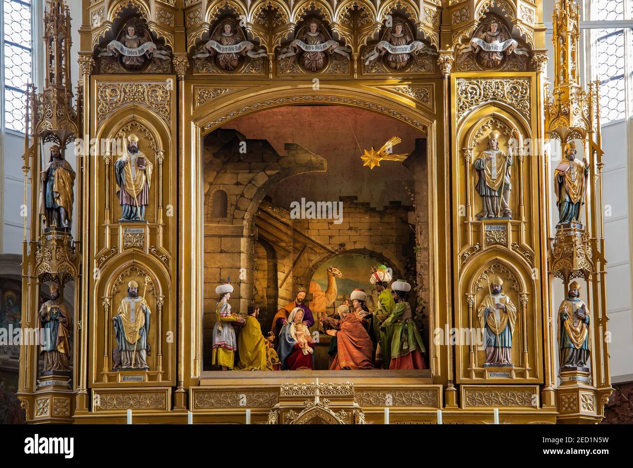High altar with altar crib inside the town parish church, Bad Toelz, Isar Valley, Isar, Upper Bavaria, Bavaria, Germany Stock Photo