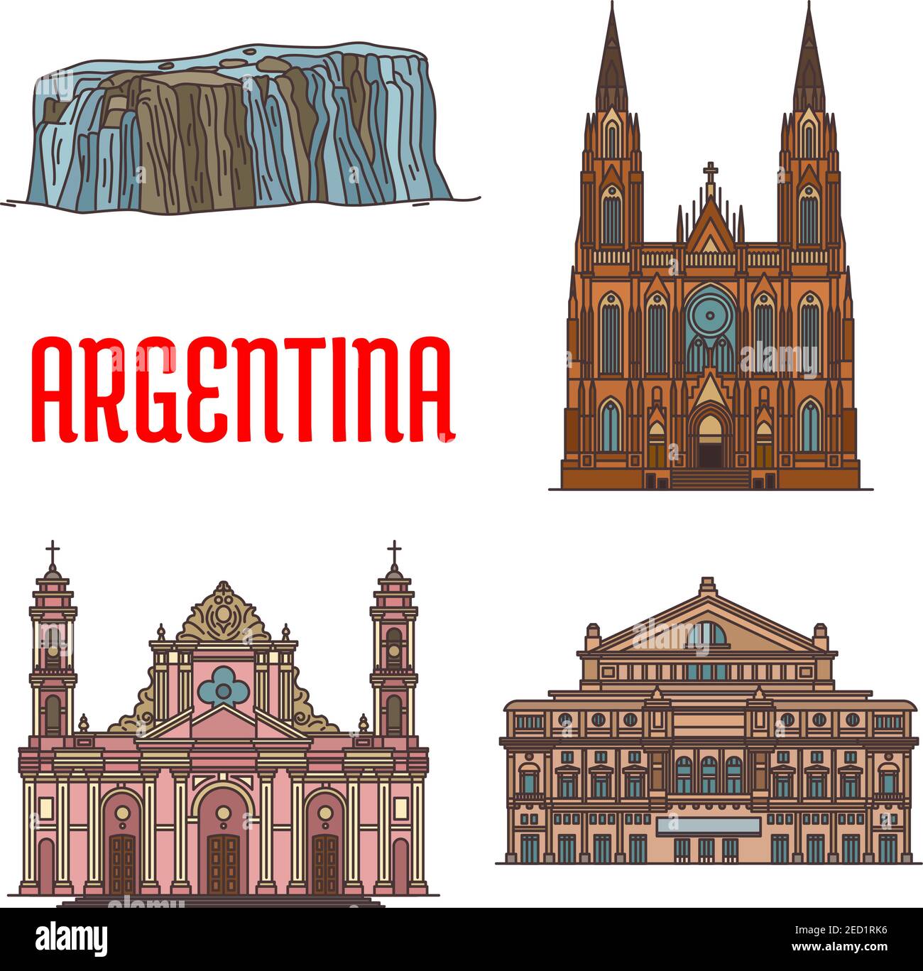 Tourist attraction landmarks and sightseeings of Argentina. Vector detailed icons of architecture facades of Cathedral of La Plata, Teatro Colon, Cath Stock Vector