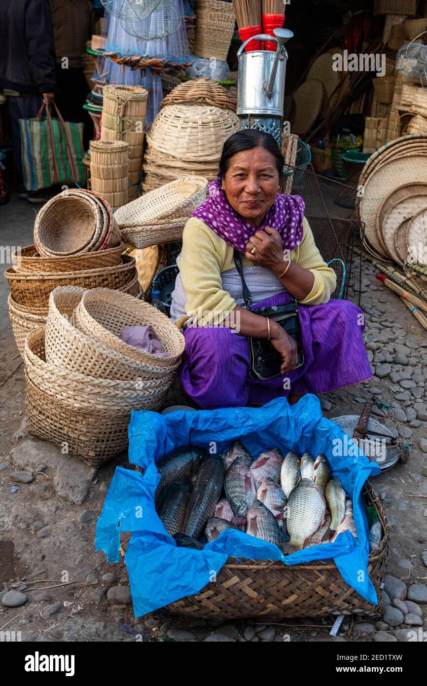Woman vendor selling fish, Ima Keithel womenÂ´s market, Imphal, Manipur, India Stock Photo