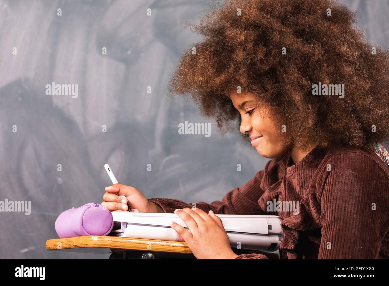 Side view of clever teenage African American girl sitting at table in ...