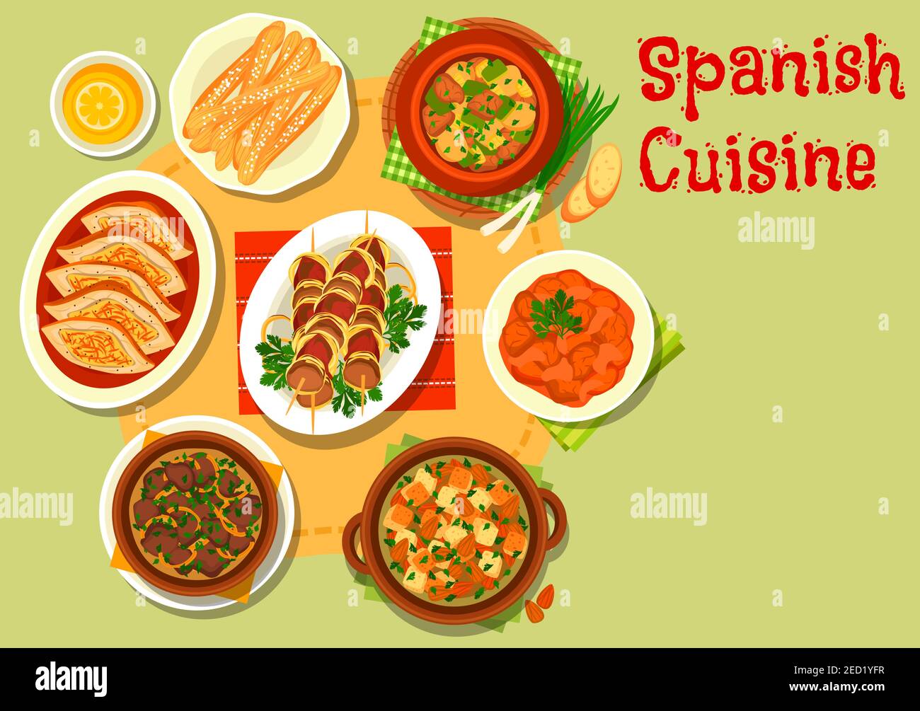 Spanish cuisine pork tomato stew icon, served with almond soup, liver in garlic onion sauce, grilled lamb kidney on stick, stuffed pork belly, lamb ve Stock Vector