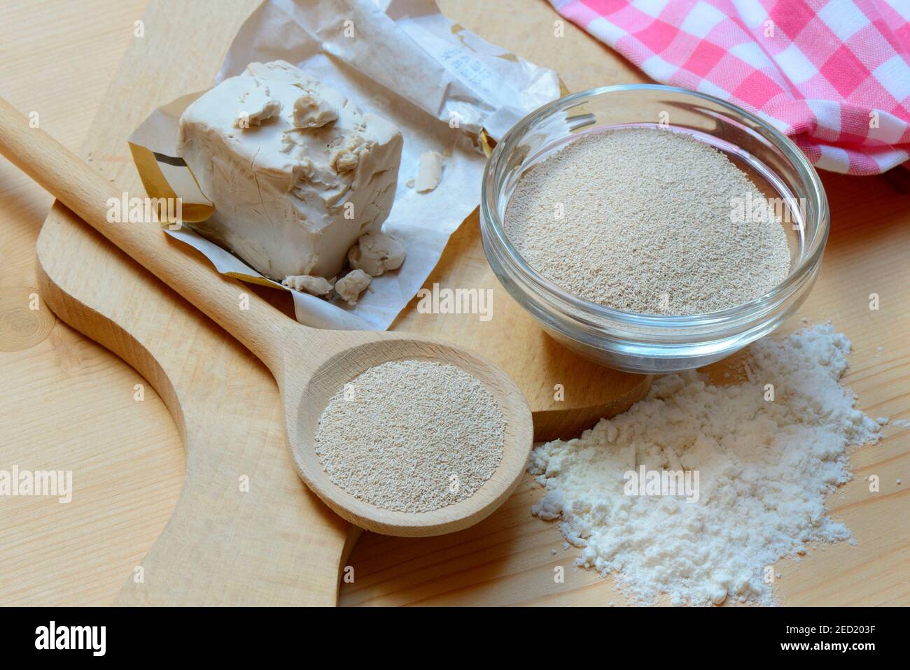 Baker's yeast, dry yeast in spoon and bowl and fresh yeast, compressed yeast, baking ingredient Stock Photo