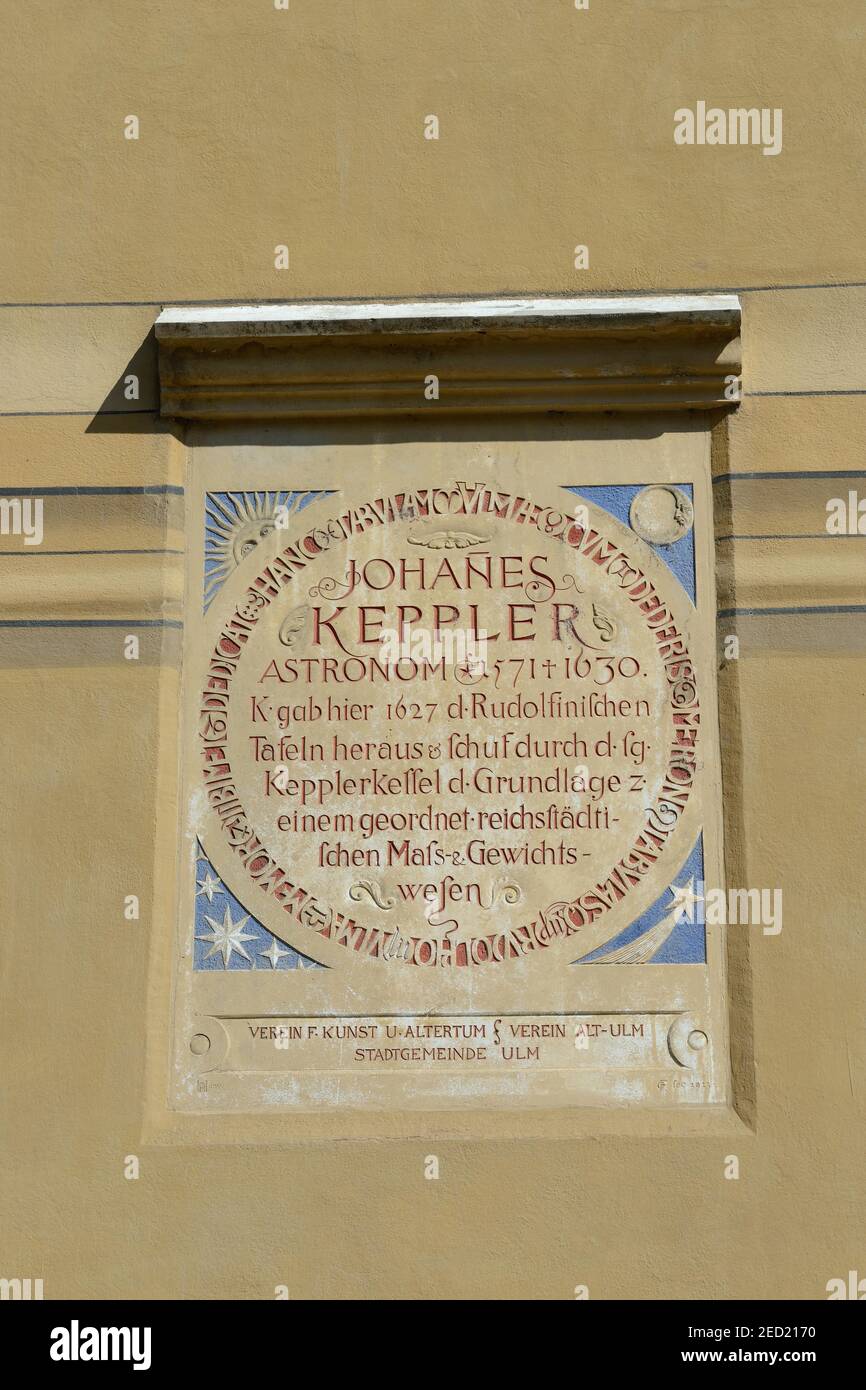 City Hall, commemorative plaque to Johannes Kopernikus, Ulm, astronomer, Baden-Wuerttemberg, Germany Stock Photo