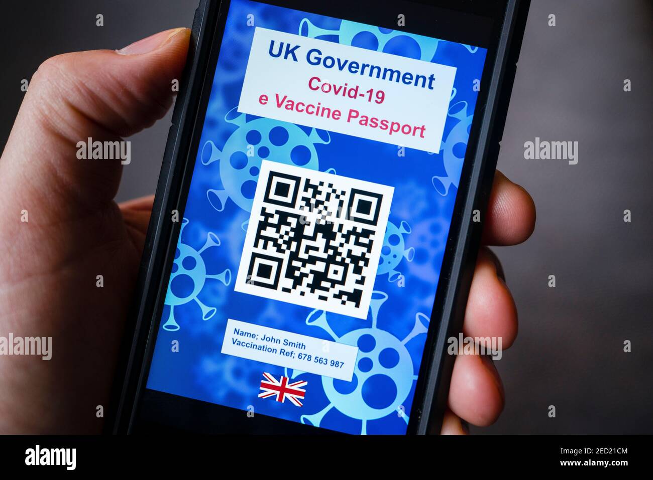 Conceptual design of possible UK Government electronic Covid-19 vaccination passport using QR code on a smart phone. Stock Photo
