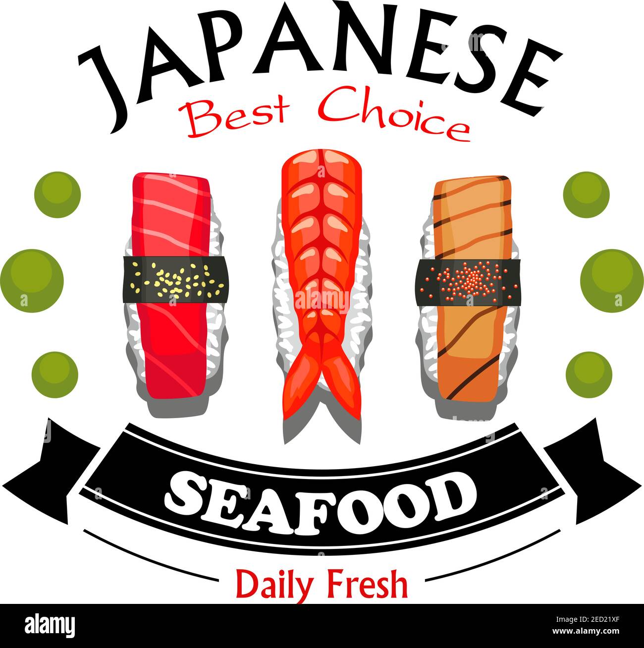 Japanese seafood restaurant and sushi bar sign of sushi nigiri with prawn, salmon and tuna