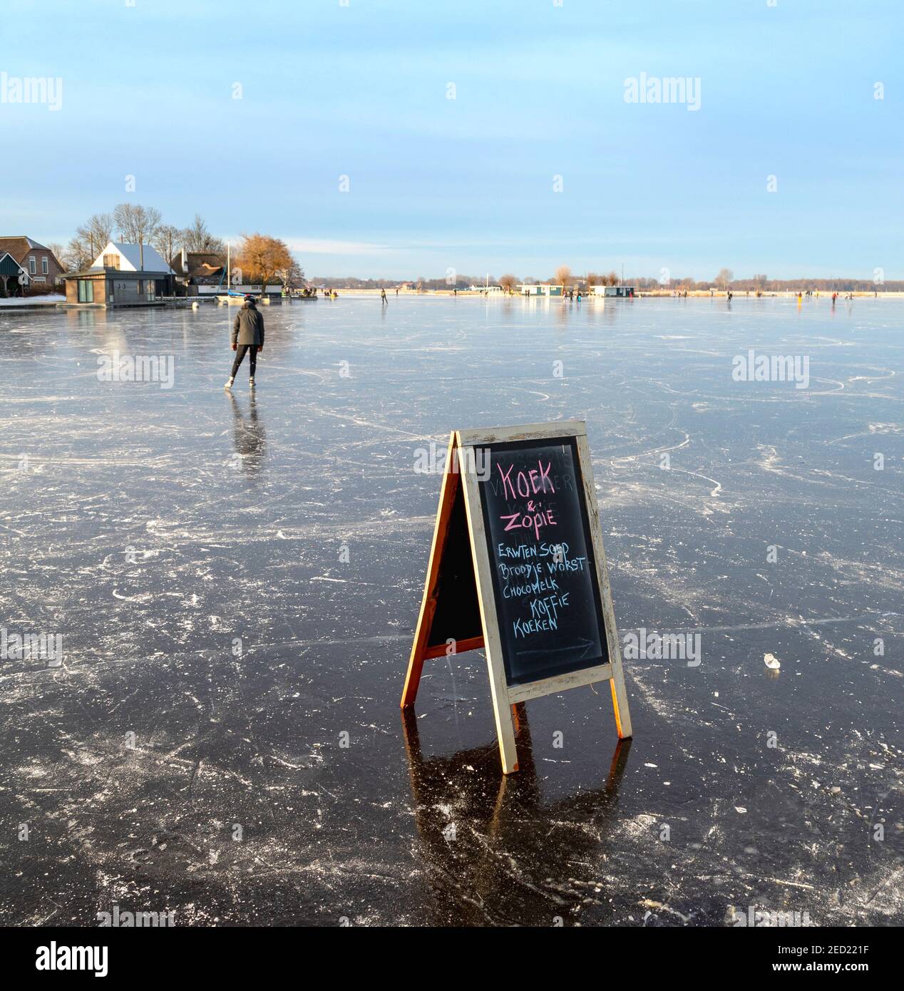 A “Koek en Zopie” sign, a typically Dutch expression, which means refreshments are for sale on Vennemeer, Warmond,South Holland, The Netherlands. Stock Photo