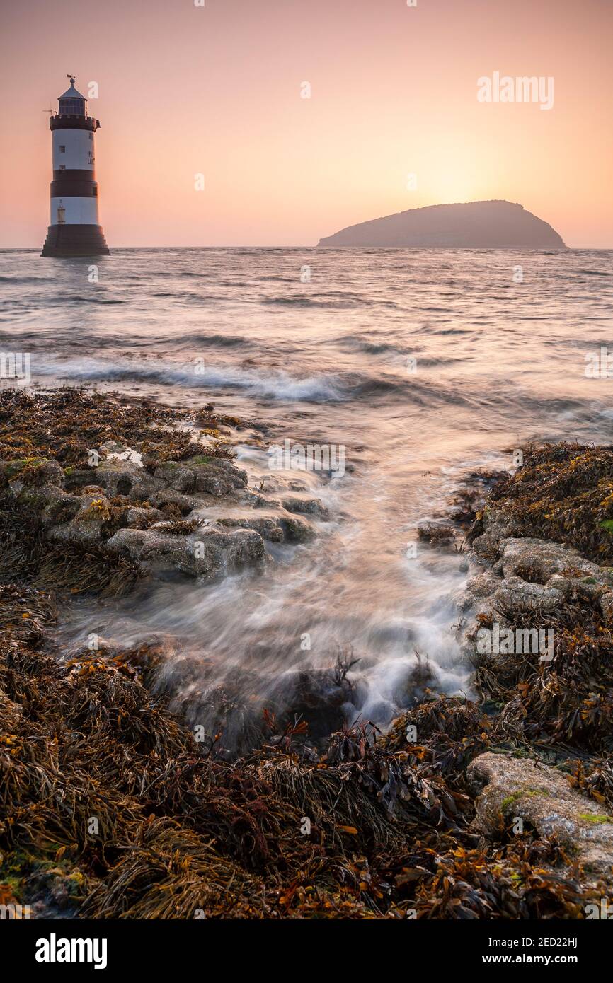 Penmon Point lighthouse and Puffin Island at sunrise, Anglesey, North Wales Stock Photo