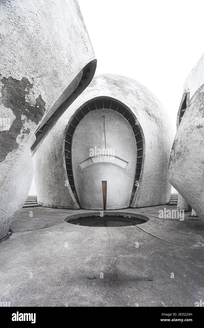 futuristic concrete empty decorations set with abstract shape structures at Kyiv crematorium, nobody Stock Photo