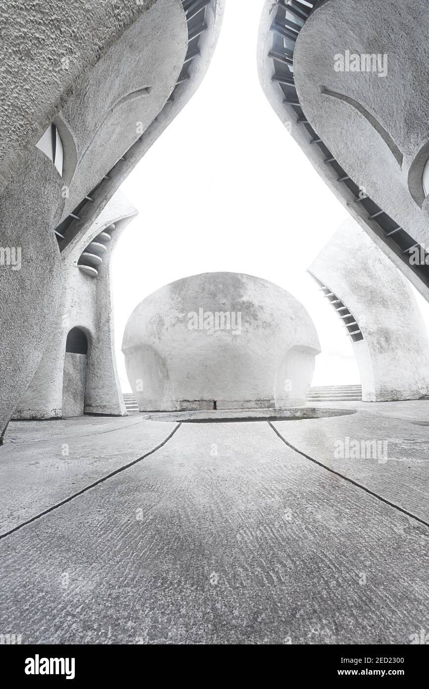 futuristic concrete empty decorations set with abstract shape structures at Kyiv crematorium, nobody Stock Photo