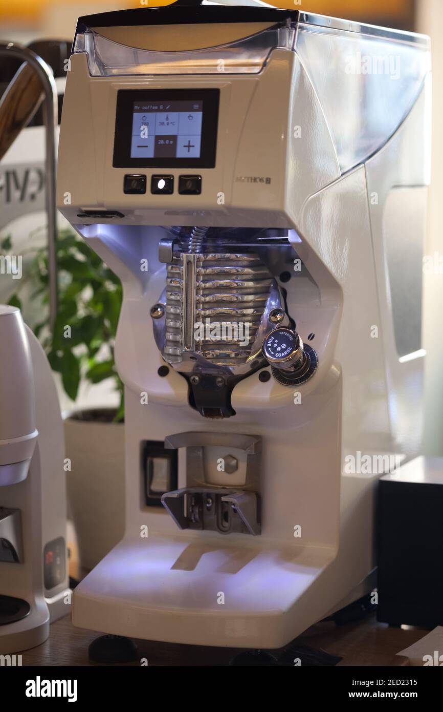 closeup of modern grinder in third wave coffee shop, nobody Stock Photo