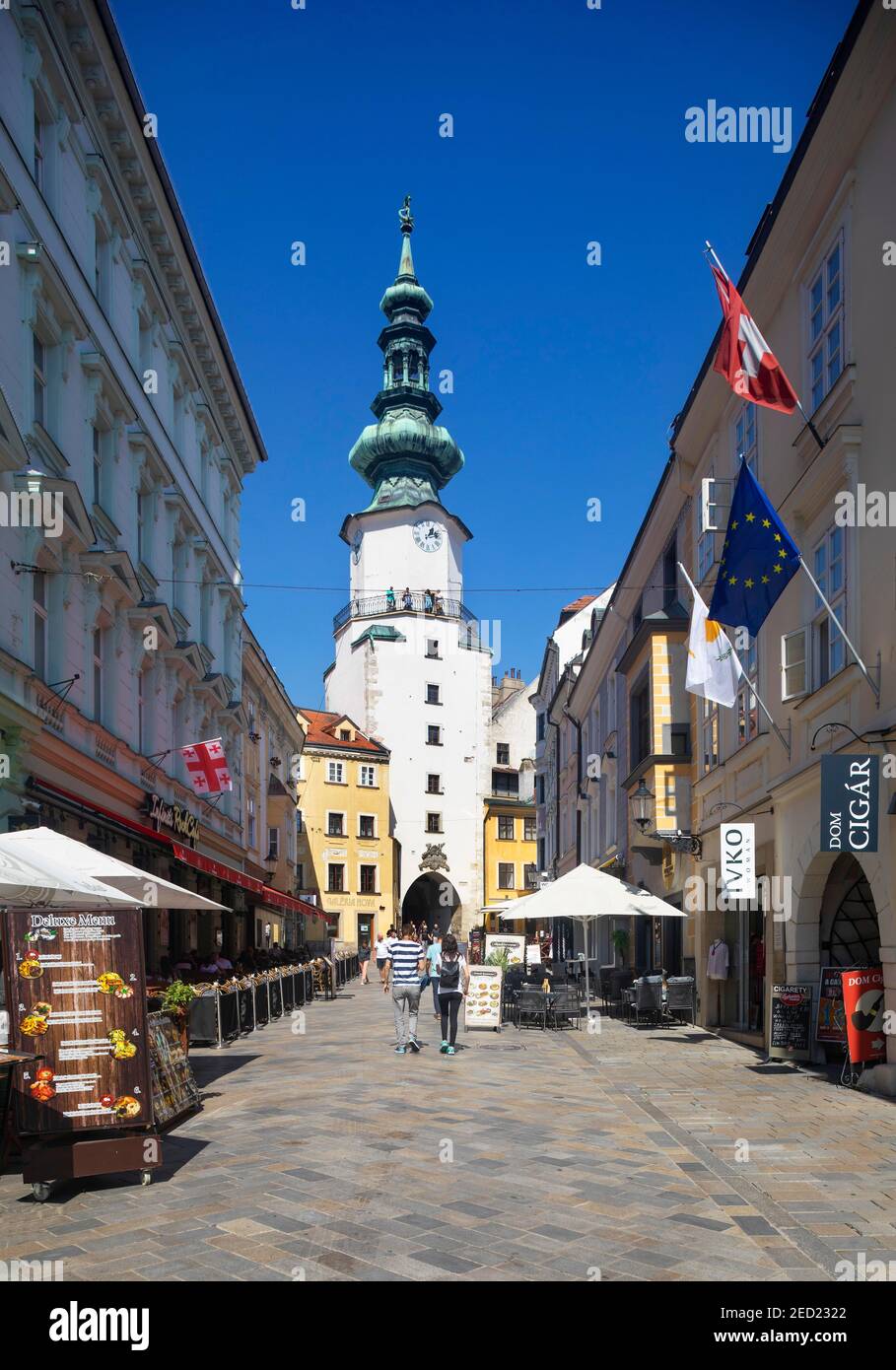 Pedestrian zone with restaurants in Michalska Street with Michael's Gate, Old Town, Bratislava, Slovakia Stock Photo