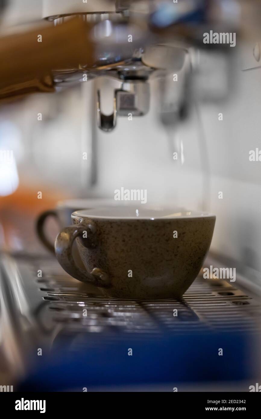 closeup of espresso coffee cups in professional coffee machine with blurred backround, nobody Stock Photo