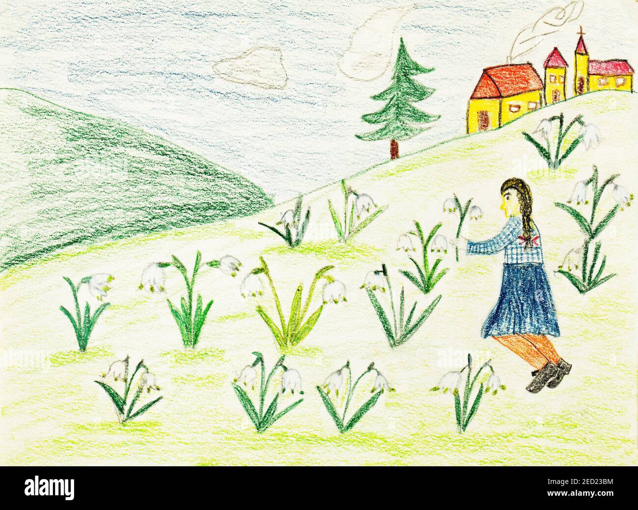 Naive illustration, children drawing, girl picking snowdrops on a flower meadow, Austria Stock Photo
