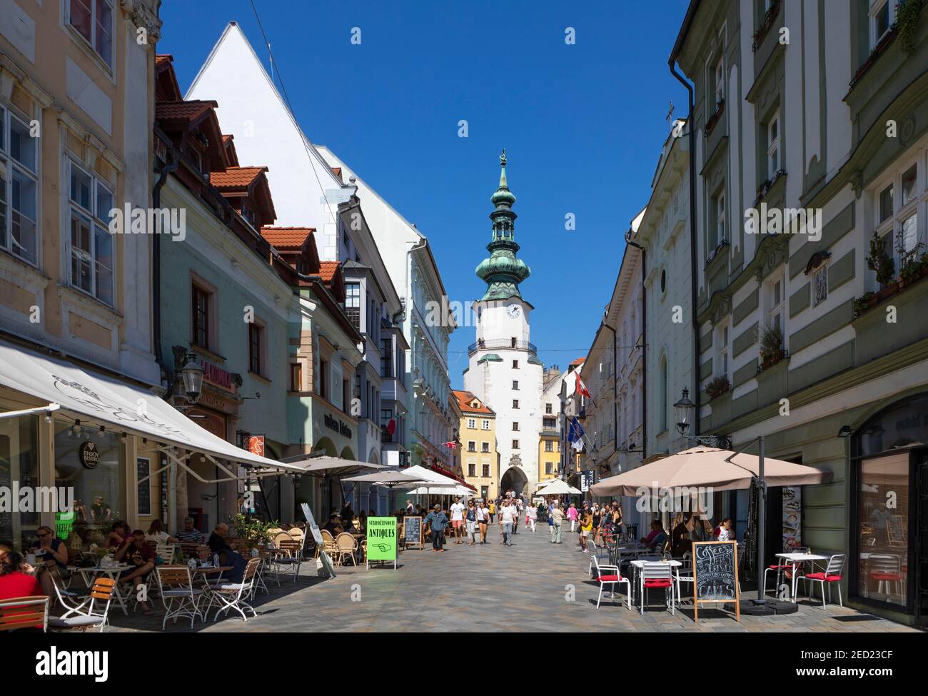 Pedestrian zone with restaurants in Michalska Street with Michael's Gate, Old Town, Bratislava, Slovakia Stock Photo