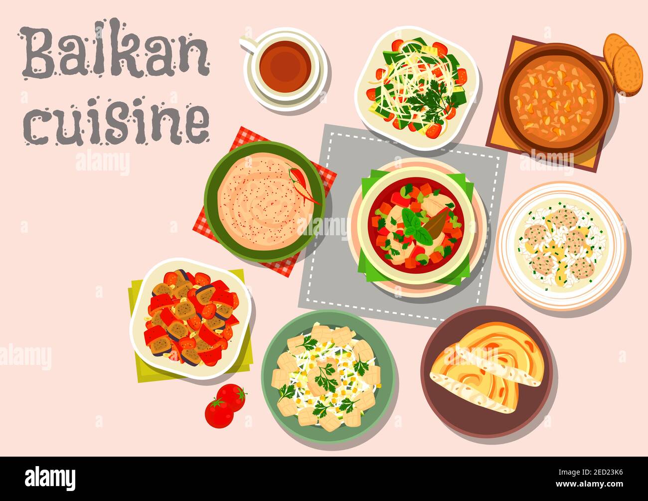Balkan cuisine dinner icon with paprika cheese spread, garlic nut sauce, baked vegetable salad, meatball rice soup, fish soup, vegetable salad, fish e Stock Vector