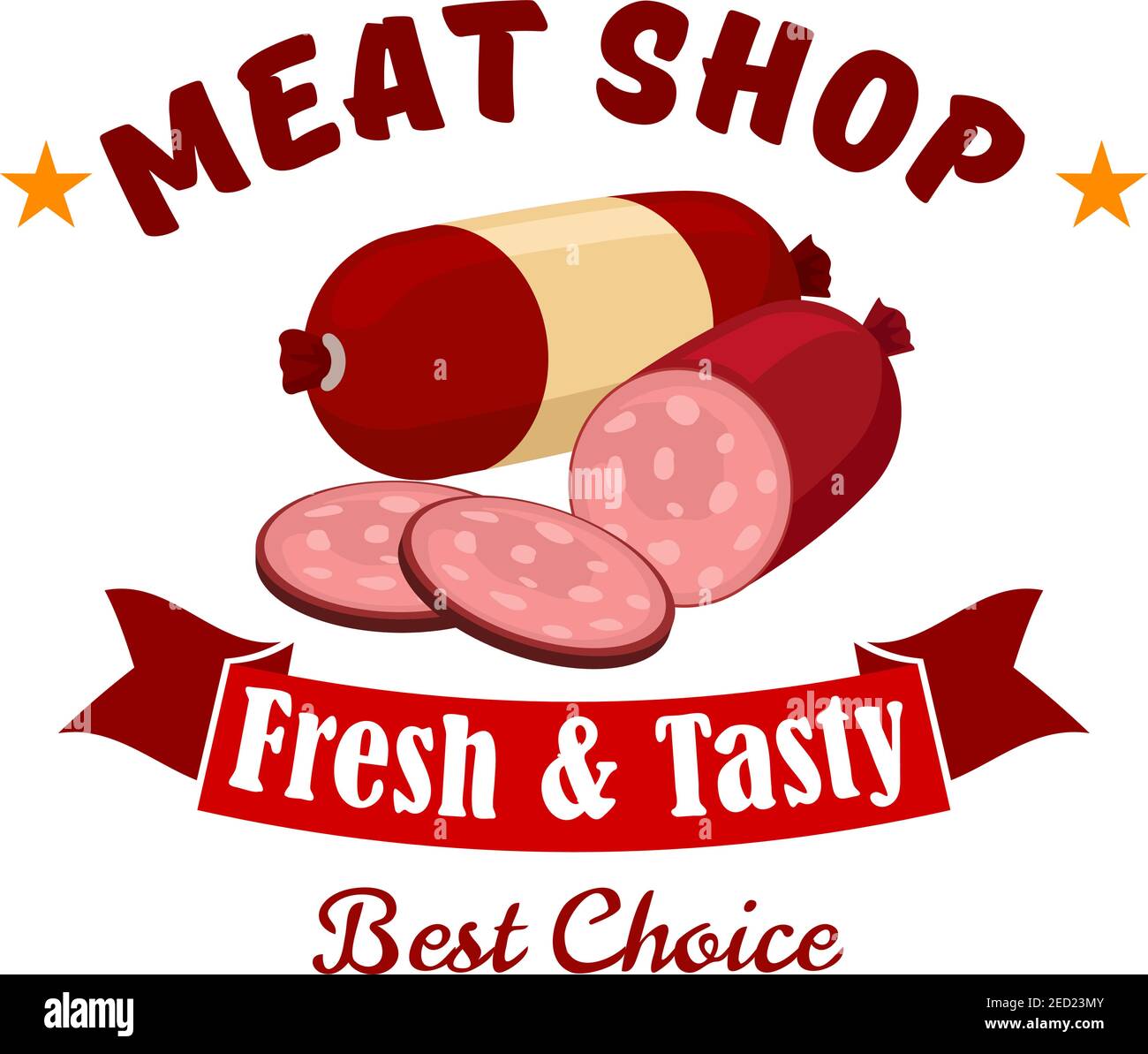 Meat shop business emblem. Vector label of butcher shop with elements of fresh meat products wurst, salami, smoked sliced sausage, red ribbon. Design Stock Vector