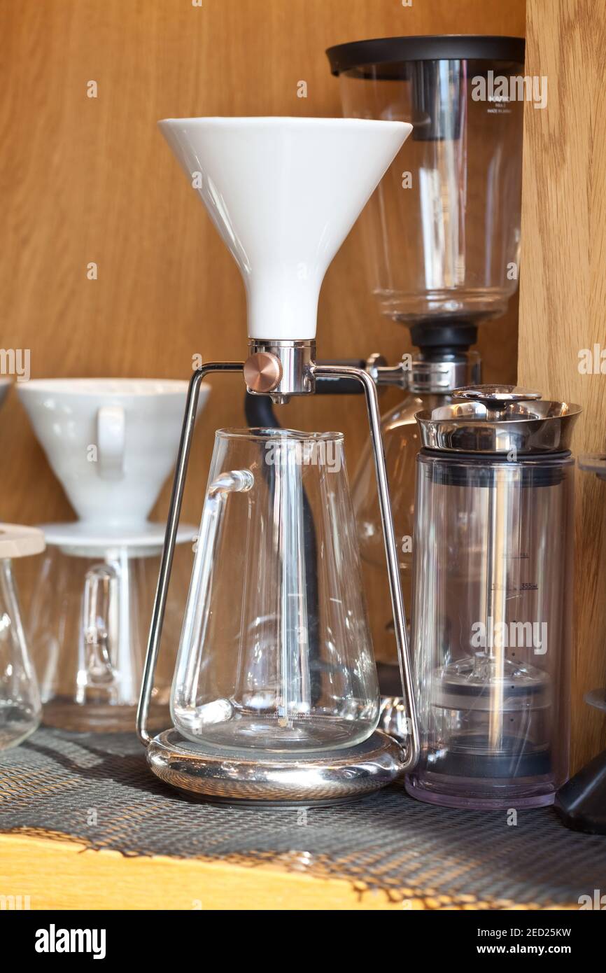 manual coffee brewing devices - pour over, gina, american press and siphon, nobody Stock Photo