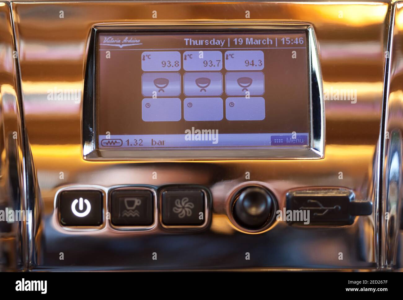 closeup of digital screen with buttons in professional Victoria Arduino espresso coffee machine, no people Stock Photo