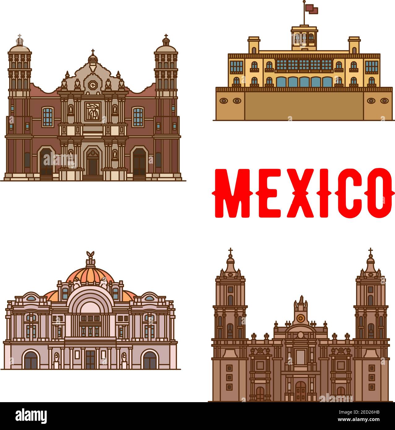 Tourist landmarks and sightseeings of Mexico. Our Lady of Guadalupe Basilica, Chapultepec Castle, Mexico Palace of Fine Arts, Metropolitan Cathedral. Stock Vector