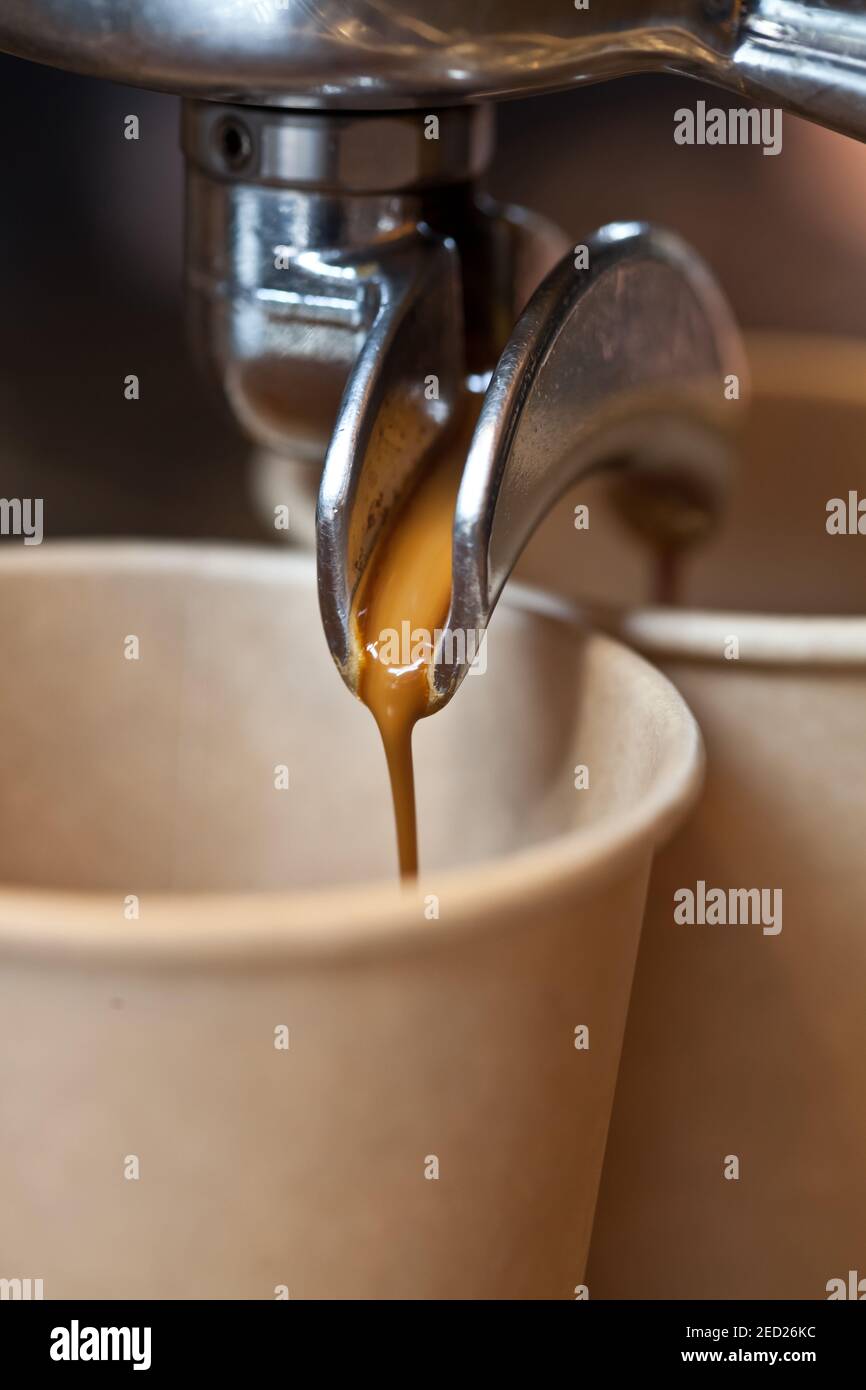 macro of coffee pouring from professional espresso machine into take away paper cup, closeup Stock Photo