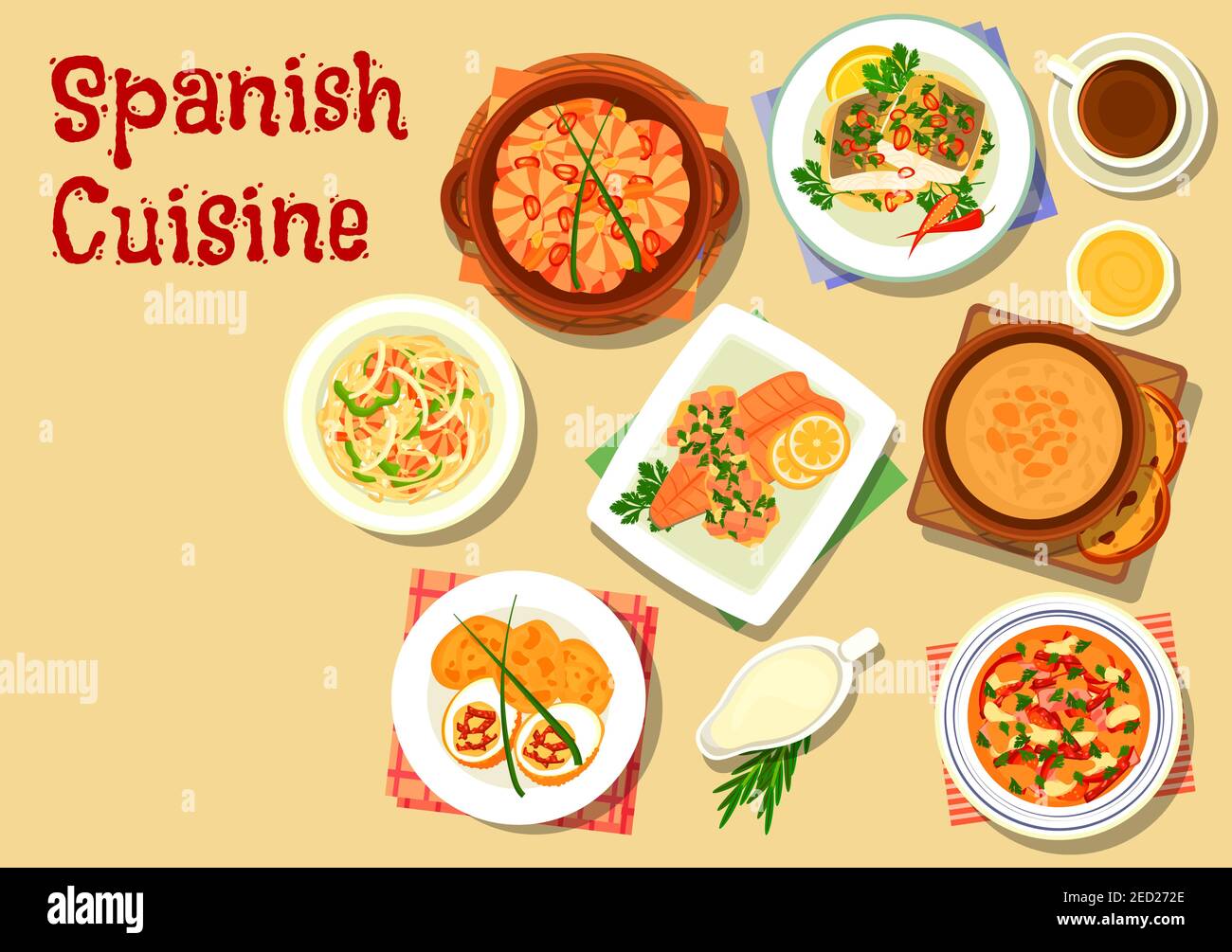 Spanish cuisine seafood noodle icon served with garlic shrimp, tomato soup gazpacho, garlic soup, bean stew with chorizo and ham, trout stew with ham, Stock Vector