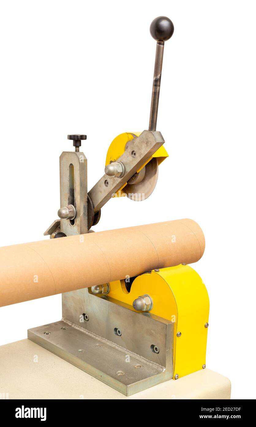 Paper core cutting machine closeup shot, isolated on white background