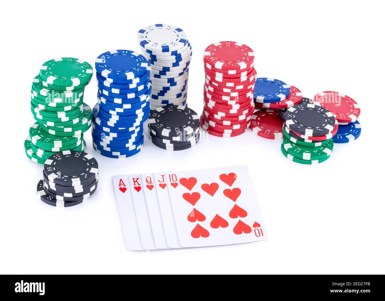 Royal Flush of hearts (highest hand in poker) and stacks of chips isolated  on white background with shadow reflection, clipping, vector path Stock  Photo - Alamy