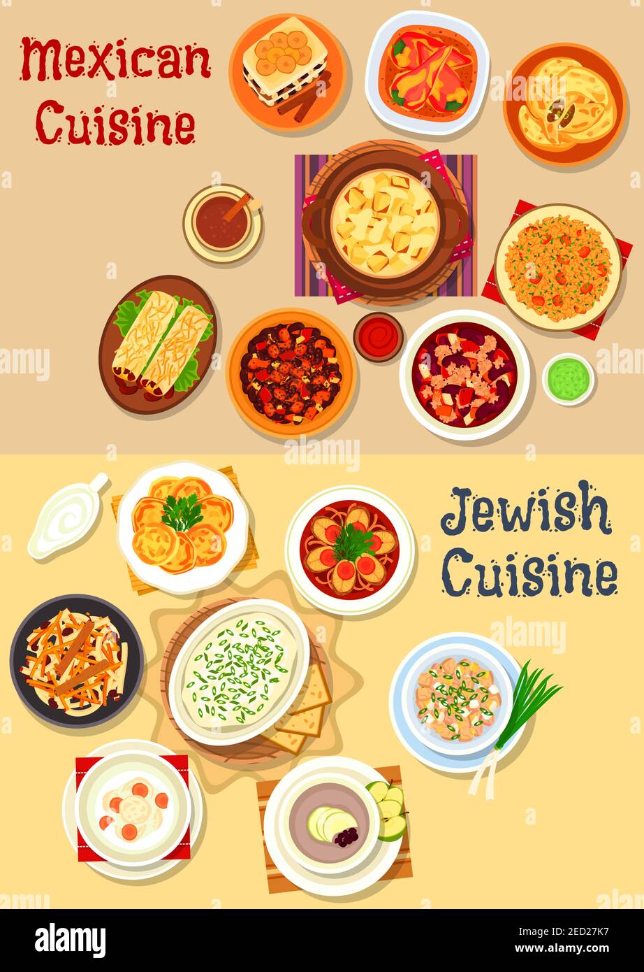Mexican and jewish cuisine icon with vegetable chili, cheese, bean beef stew, fish, forshmak, bean burrito, fish soup, cutlet, chicken salad, stuffed Stock Vector