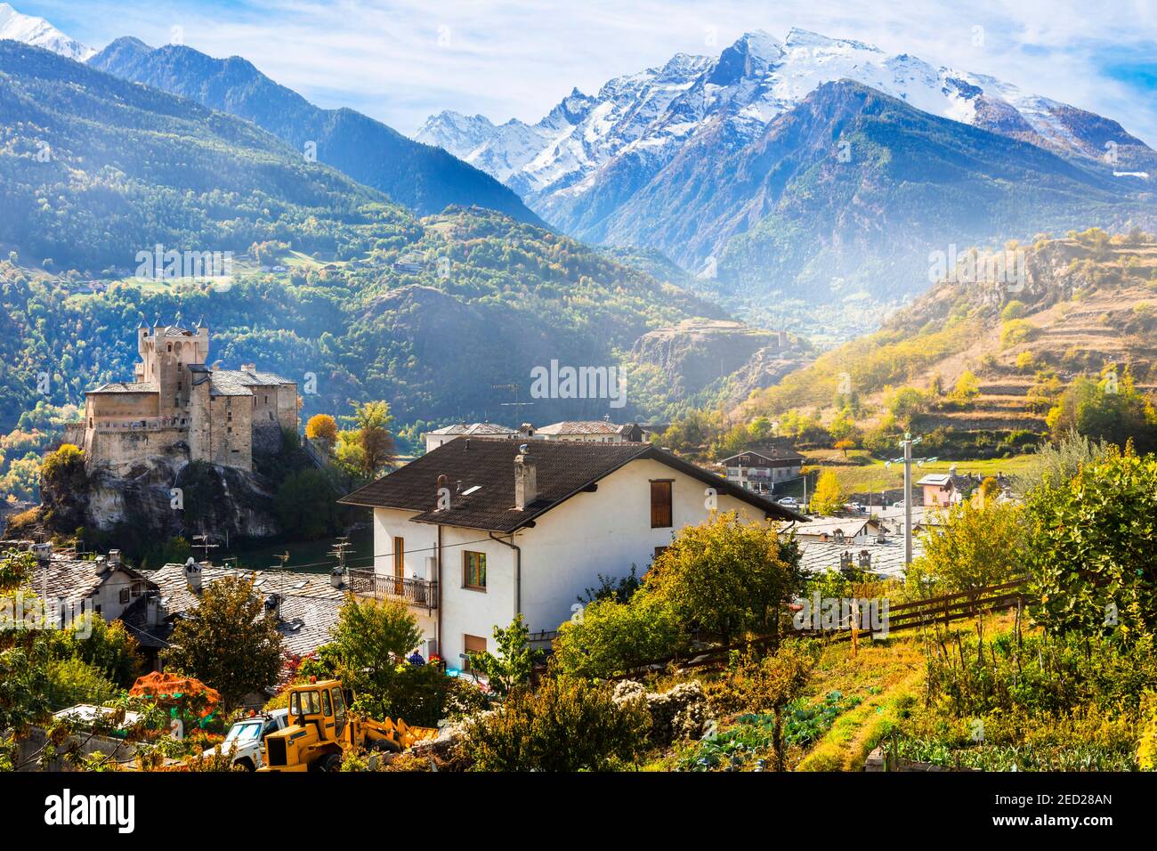 Beautiful medieval castles of Valle d'Aosta- Saint Pierre, northen Italy Stock Photo