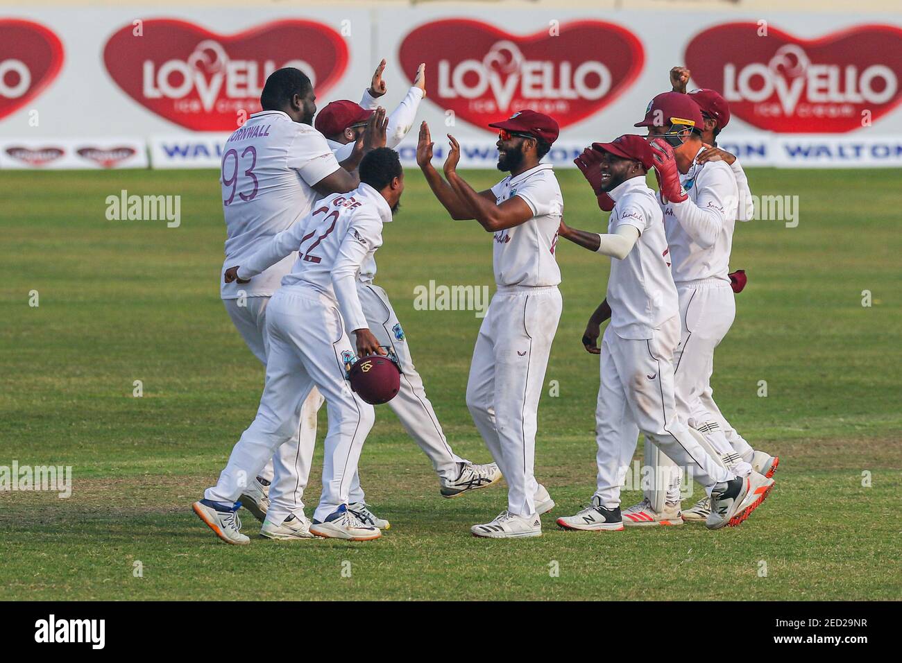 West Indies' cricketers celebrate the dismissal of Bangladesh's Liton ...