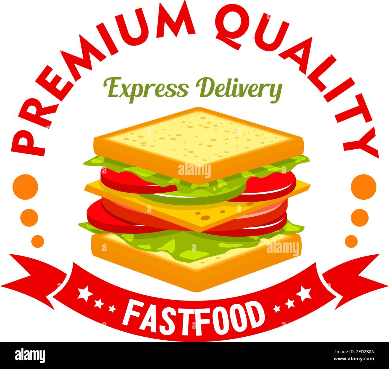 Fast food cafe and sandwich shop sign of ham and cheese sandwich with tomato, cucumber and lettuce, header Express Delivery and ribbon banner with sta Stock Vector