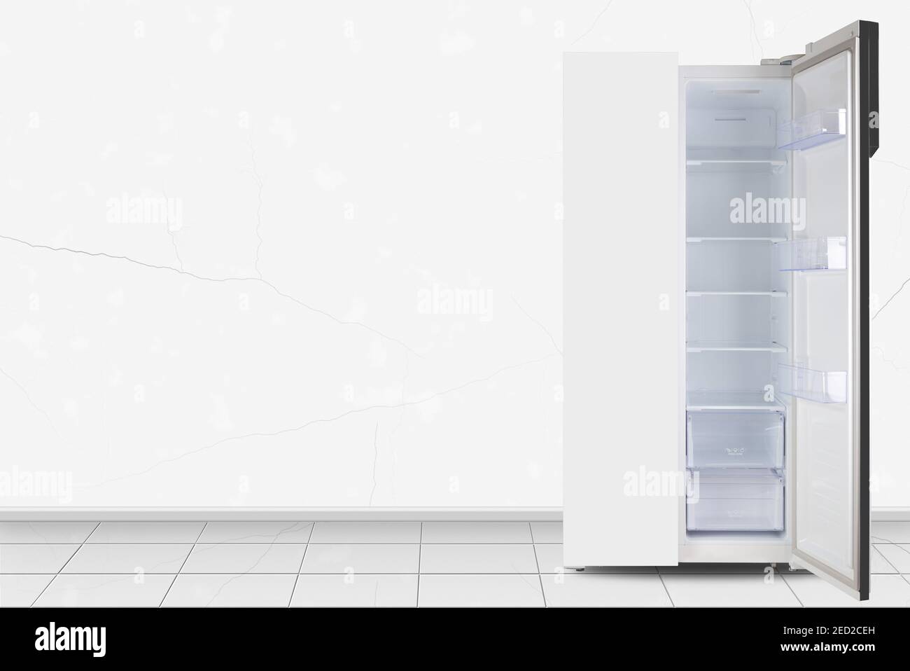 Major appliance - Open Two-door side by side refrigerator in front on a white wall background Stock Photo