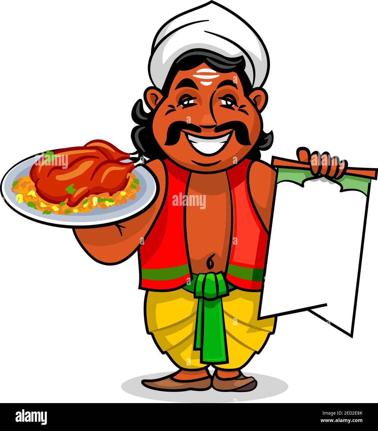 Indian cuisine icon. Indian chef cook in national clothing holding menu  card template and grilled chicken with curry rice and vegetables on dish.  Vect Stock Vector Image & Art - Alamy